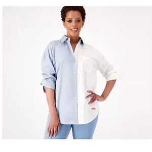 Peace Love World_Two-Tone Boyfriend Button-Front Shirt 3X